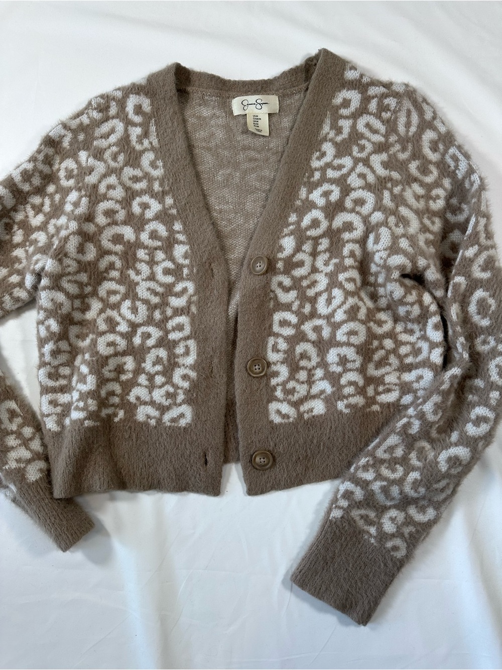 Jessica Simpson Brown & White Leopard Fuzzy V-Neck Cardigan